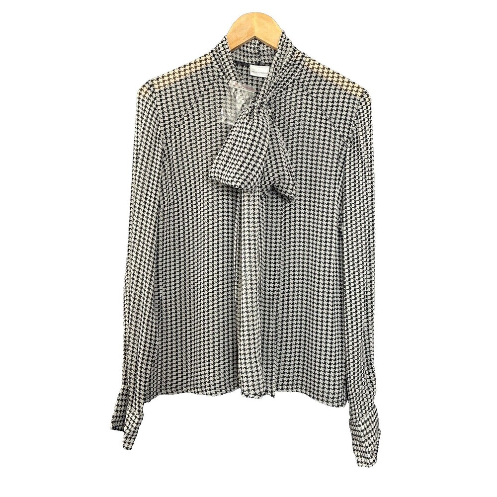 Vtg 90s Newport News Pussycat Bow Houndstooth Blouse14 Black & Cream Y2K Office